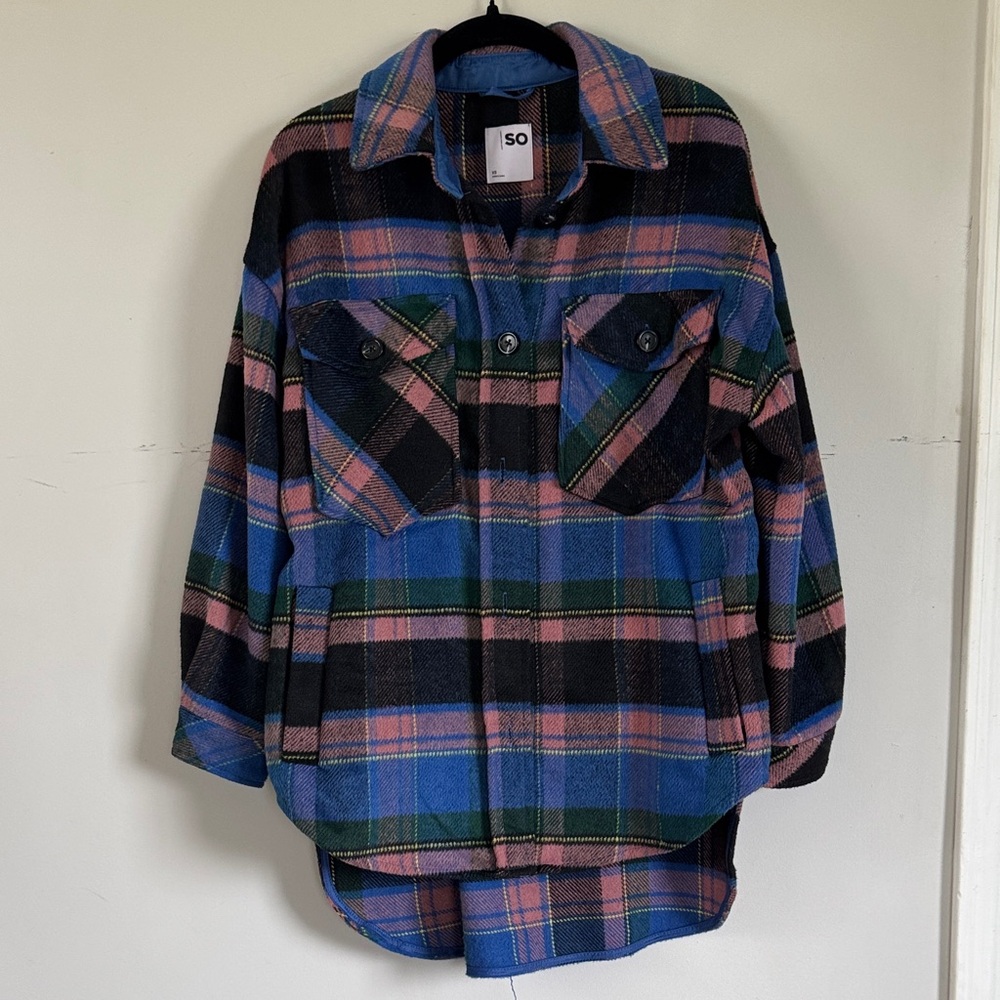 SO Plaid Shacket‎ XS Multicolor Flannel Shirt Jacket High Low Tunic Oversized